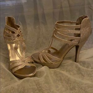 Gold glitter open toe heels